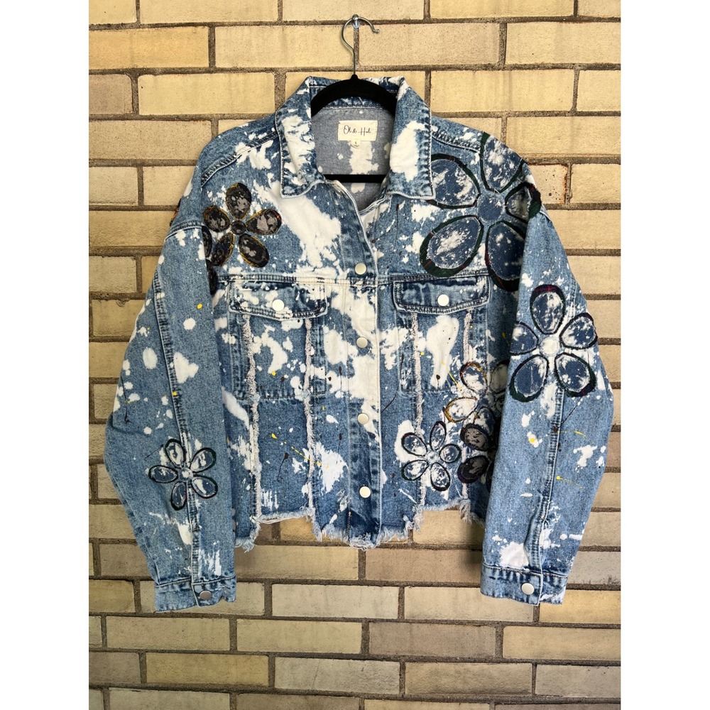 Oli & Hali Bleached Floral Artistic Oversized Denim Jean Jacket Frayed Sz Small